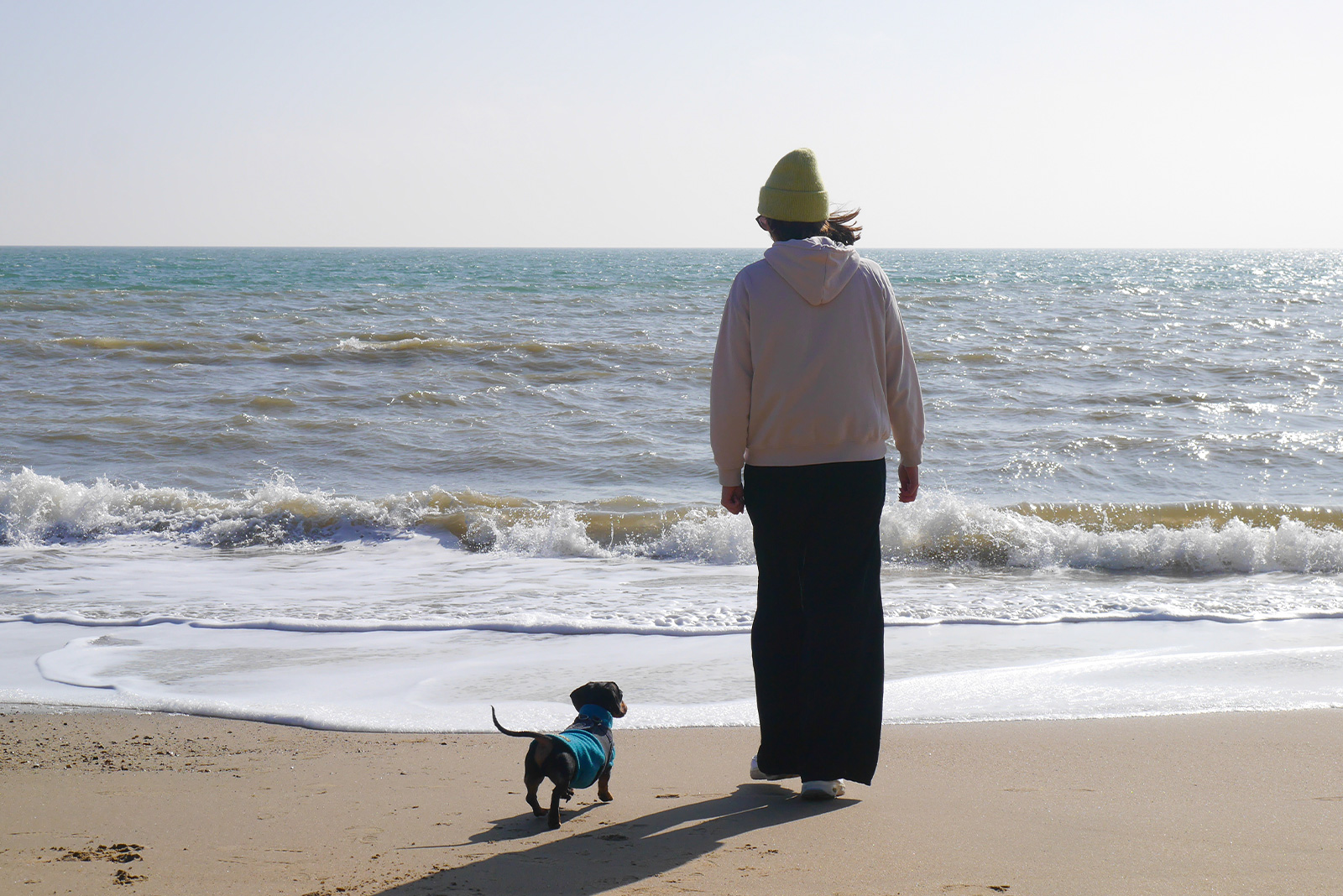 woman and her dog walking on the beach